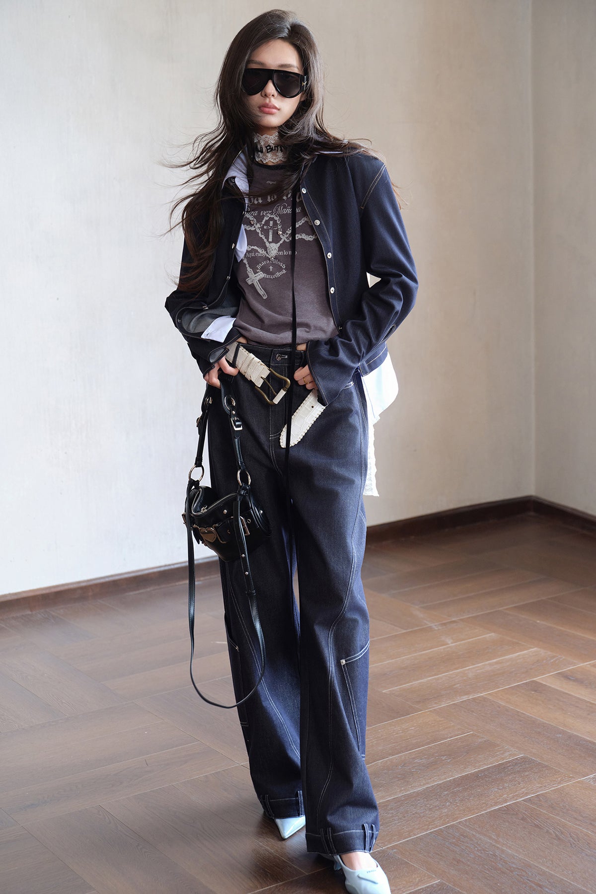 MXU Retro Contrast Detachable-Collar Denim Shirt & Puff Skort Set