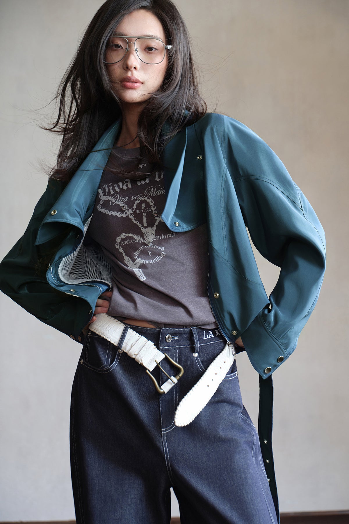 MXU Drawstring Satin Belted Jacket & Zipper Skort Set