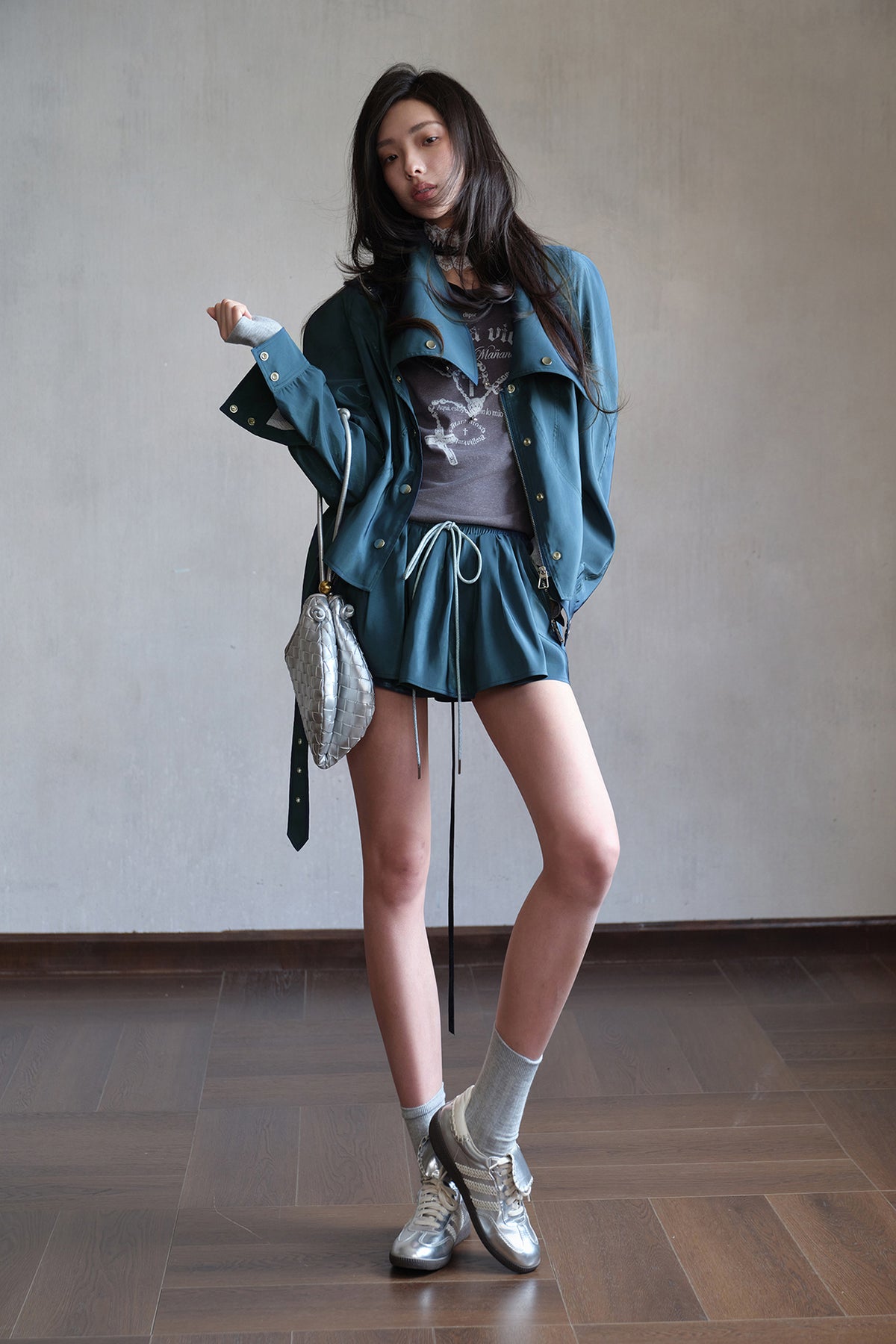 MXU Drawstring Satin Belted Jacket & Zipper Skort Set