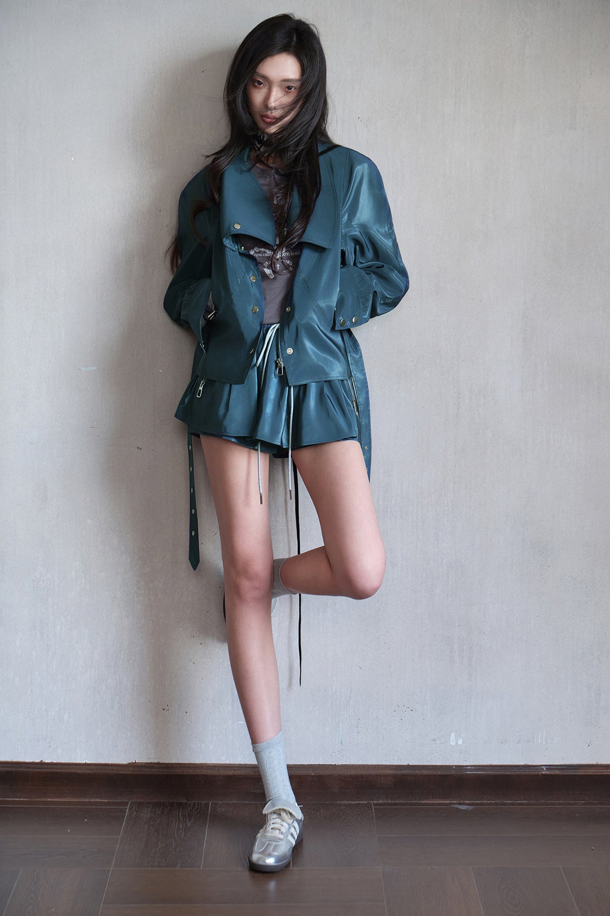 MXU Drawstring Satin Belted Jacket & Zipper Skort Set