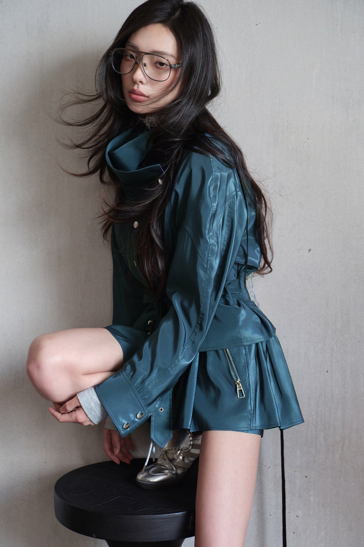 MXU Drawstring Satin Belted Jacket & Zipper Skort Set