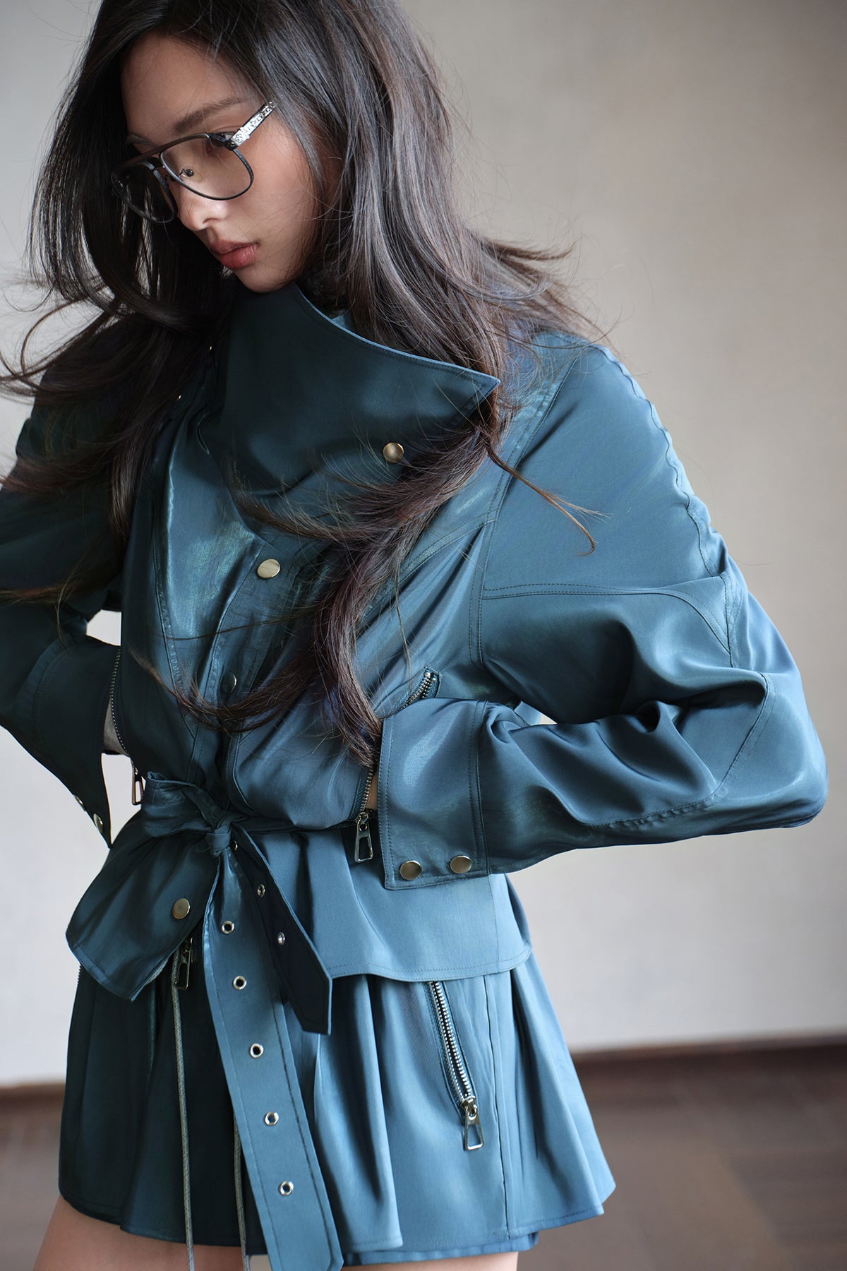 MXU Drawstring Satin Belted Jacket & Zipper Skort Set