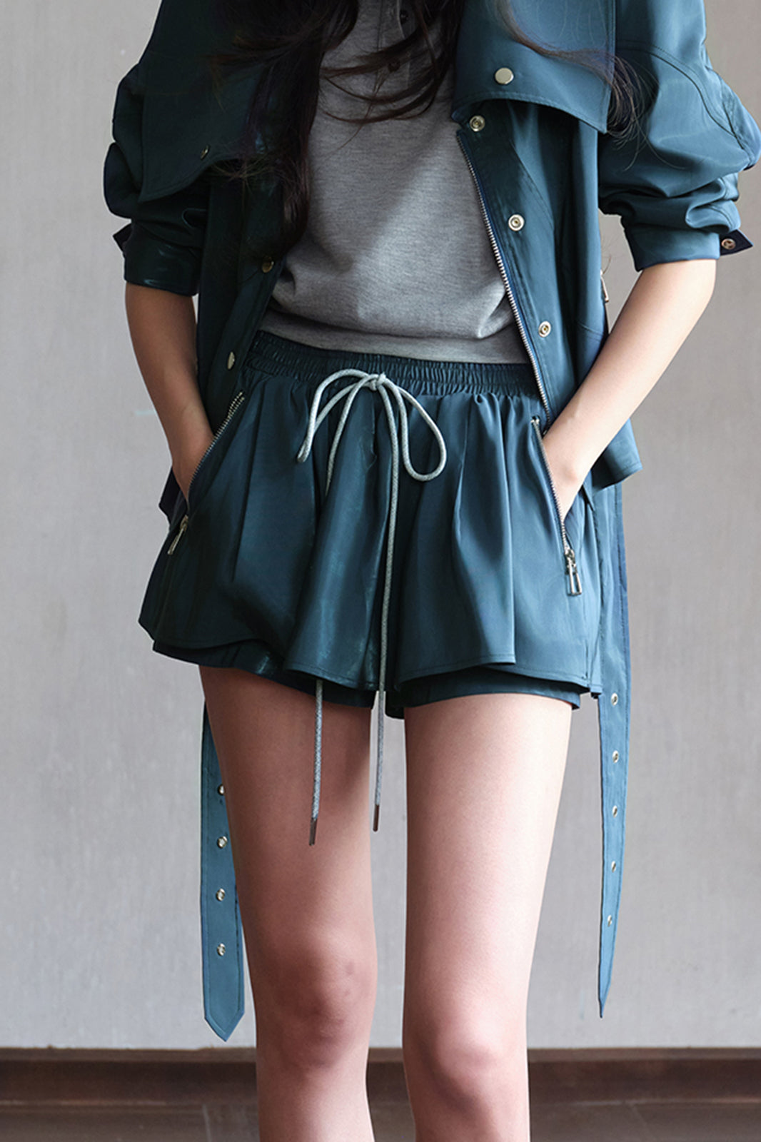 MXU Drawstring Satin Belted Jacket & Zipper Skort Set