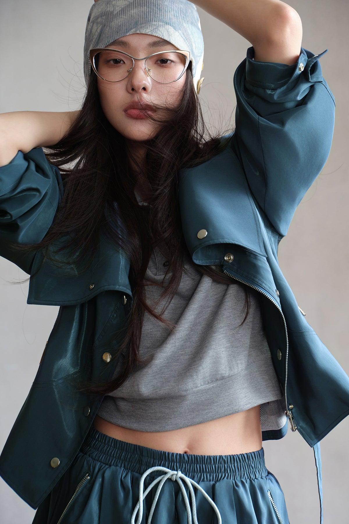 MXU Drawstring Satin Belted Jacket & Zipper Skort Set