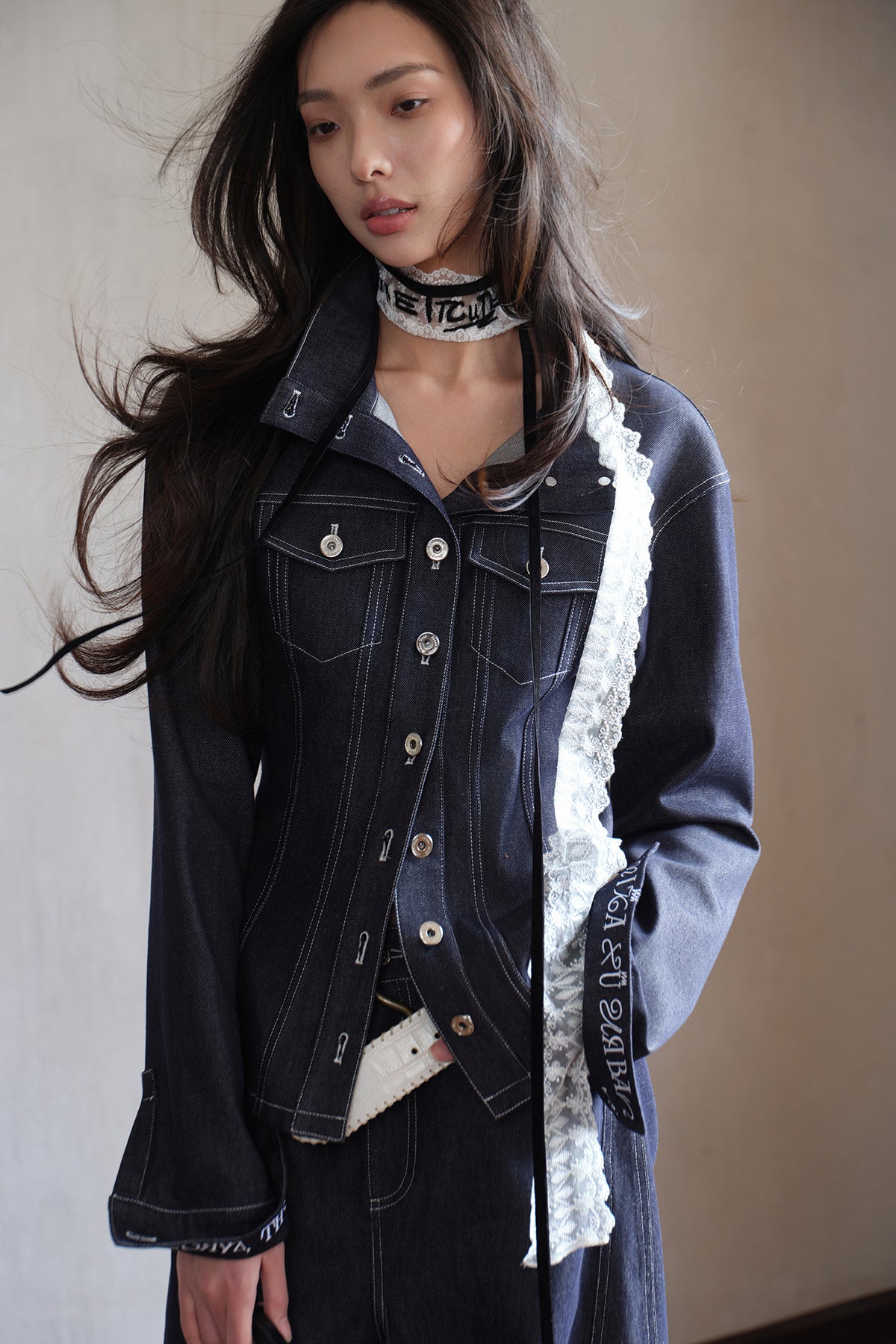 MXU Deconstructed Embroidered Silk-Cotton Cinched Denim Jacket