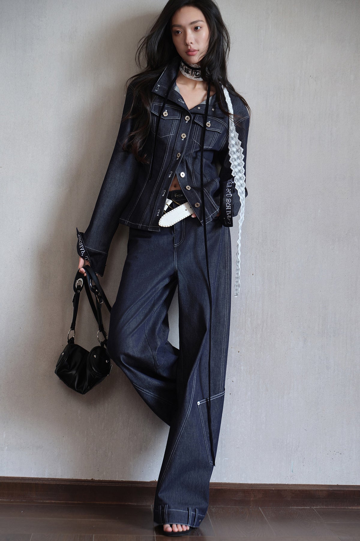 MXU Deconstructed Embroidered Silk-Cotton Cinched Denim Jacket
