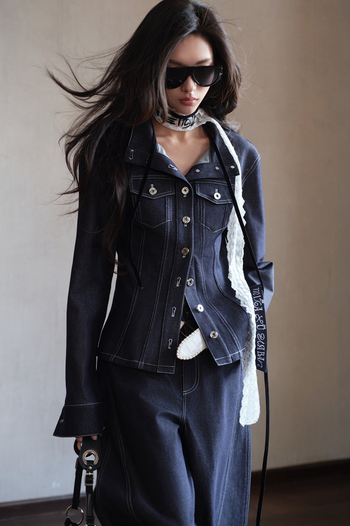 MXU Deconstructed Embroidered Silk-Cotton Cinched Denim Jacket