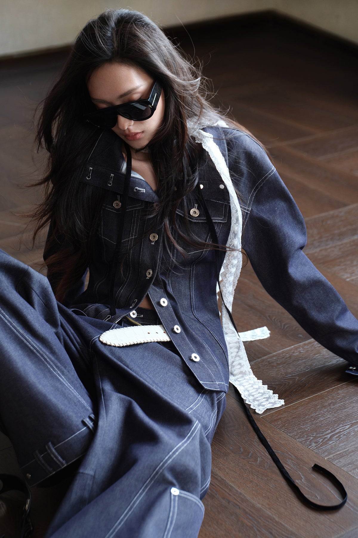 MXU Deconstructed Embroidered Silk-Cotton Cinched Denim Jacket