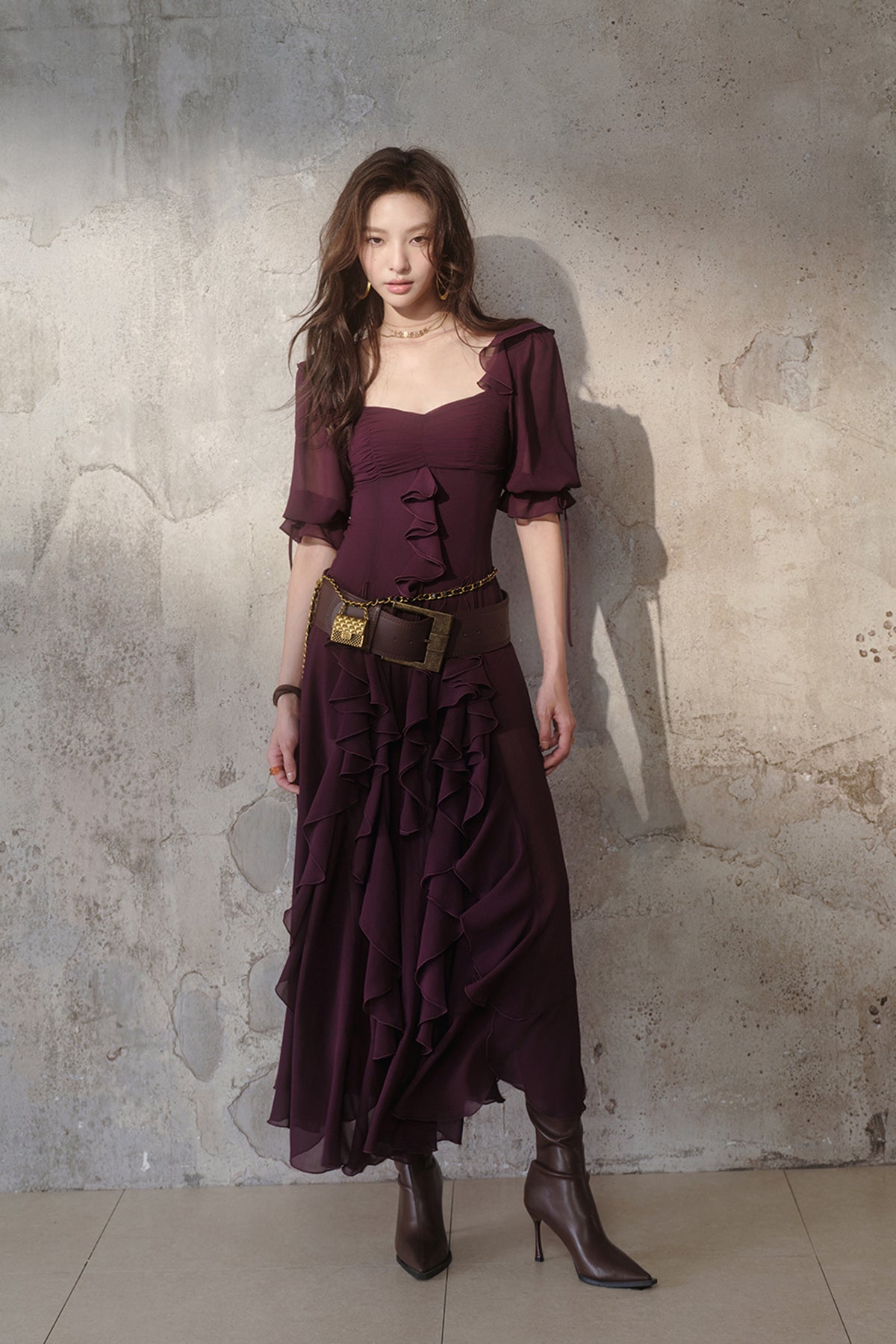 MXU Ruched Cascading-Ruffle Maxi Dress