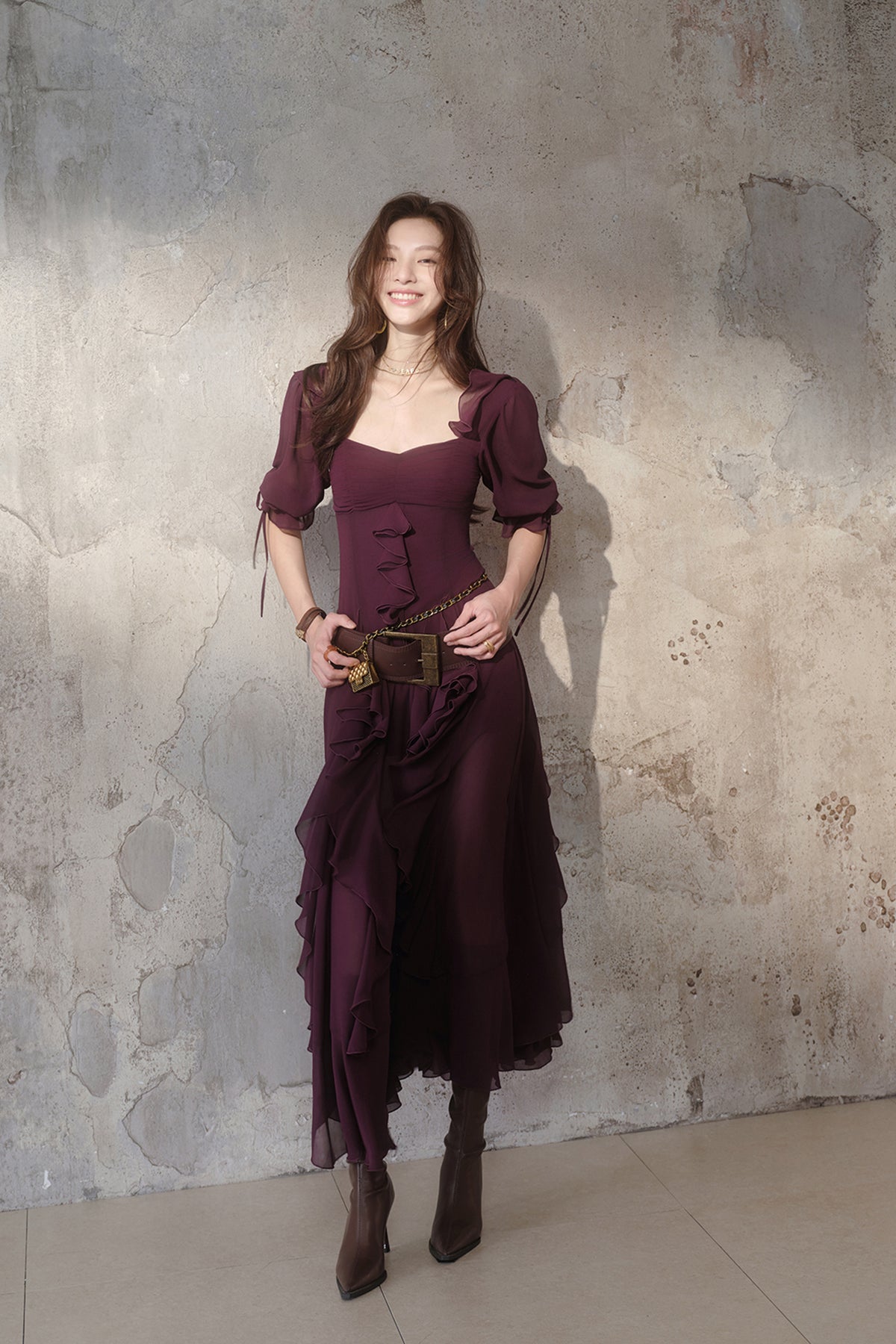 MXU Ruched Cascading-Ruffle Maxi Dress