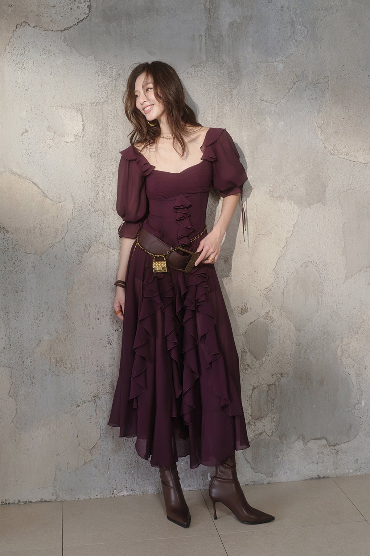 MXU Ruched Cascading-Ruffle Maxi Dress