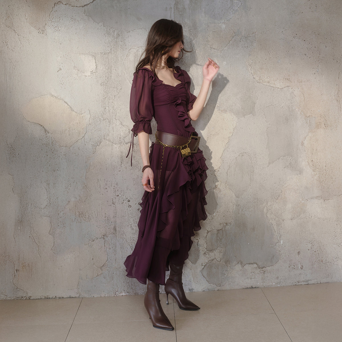 MXU Ruched Cascading-Ruffle Maxi Dress