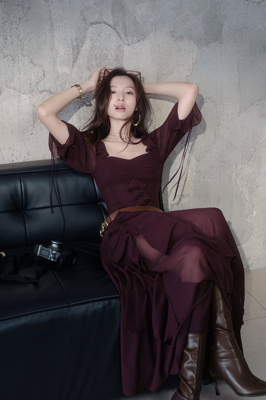 MXU Ruched Cascading-Ruffle Maxi Dress