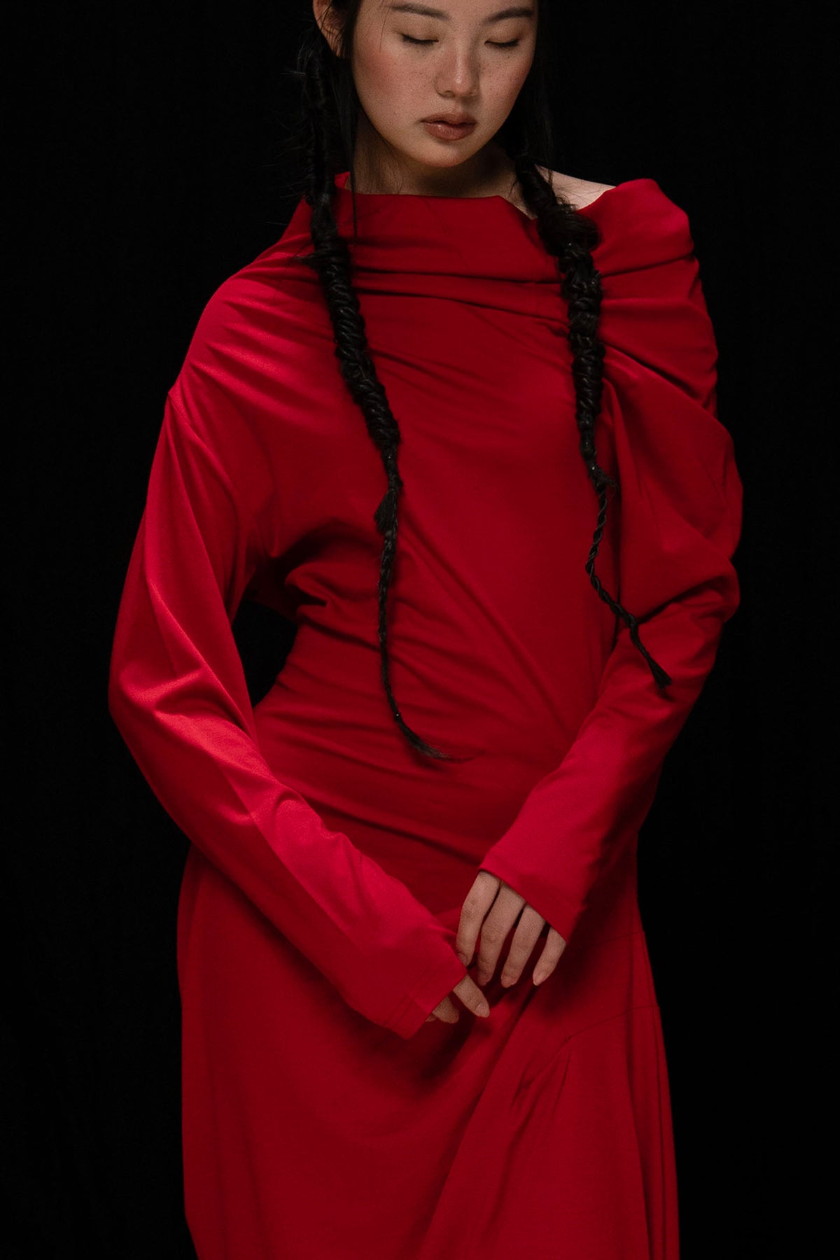 WUHEYIZUO Asymmetrical Draped Side-Ruched Maxi Dress Red