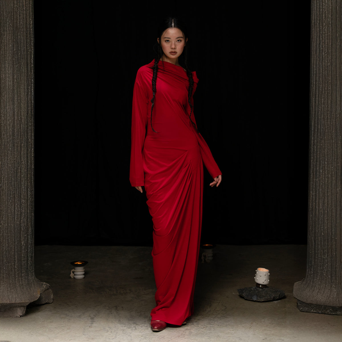 WUHEYIZUO Asymmetrical Draped Side-Ruched Maxi Dress Red
