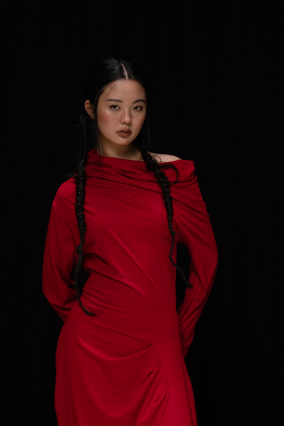 WUHEYIZUO Asymmetrical Draped Side-Ruched Maxi Dress Red