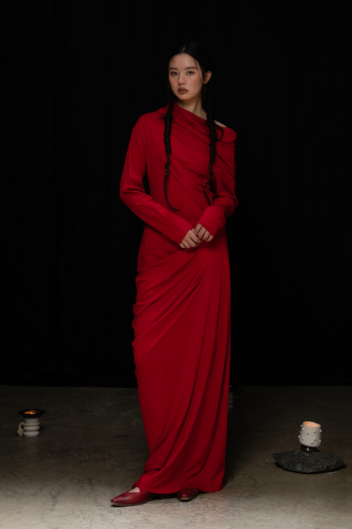 WUHEYIZUO Asymmetrical Draped Side-Ruched Maxi Dress Red