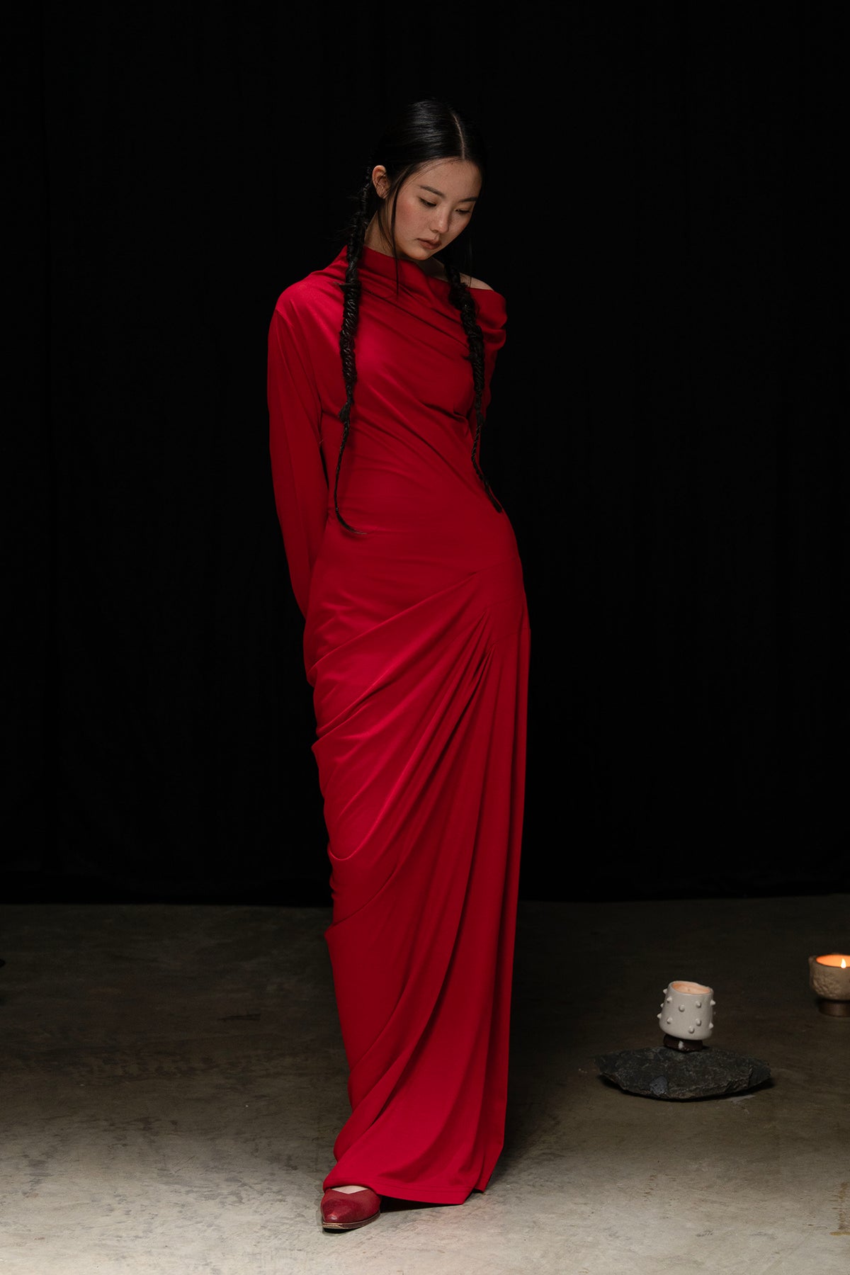 WUHEYIZUO Asymmetrical Draped Side-Ruched Maxi Dress Red