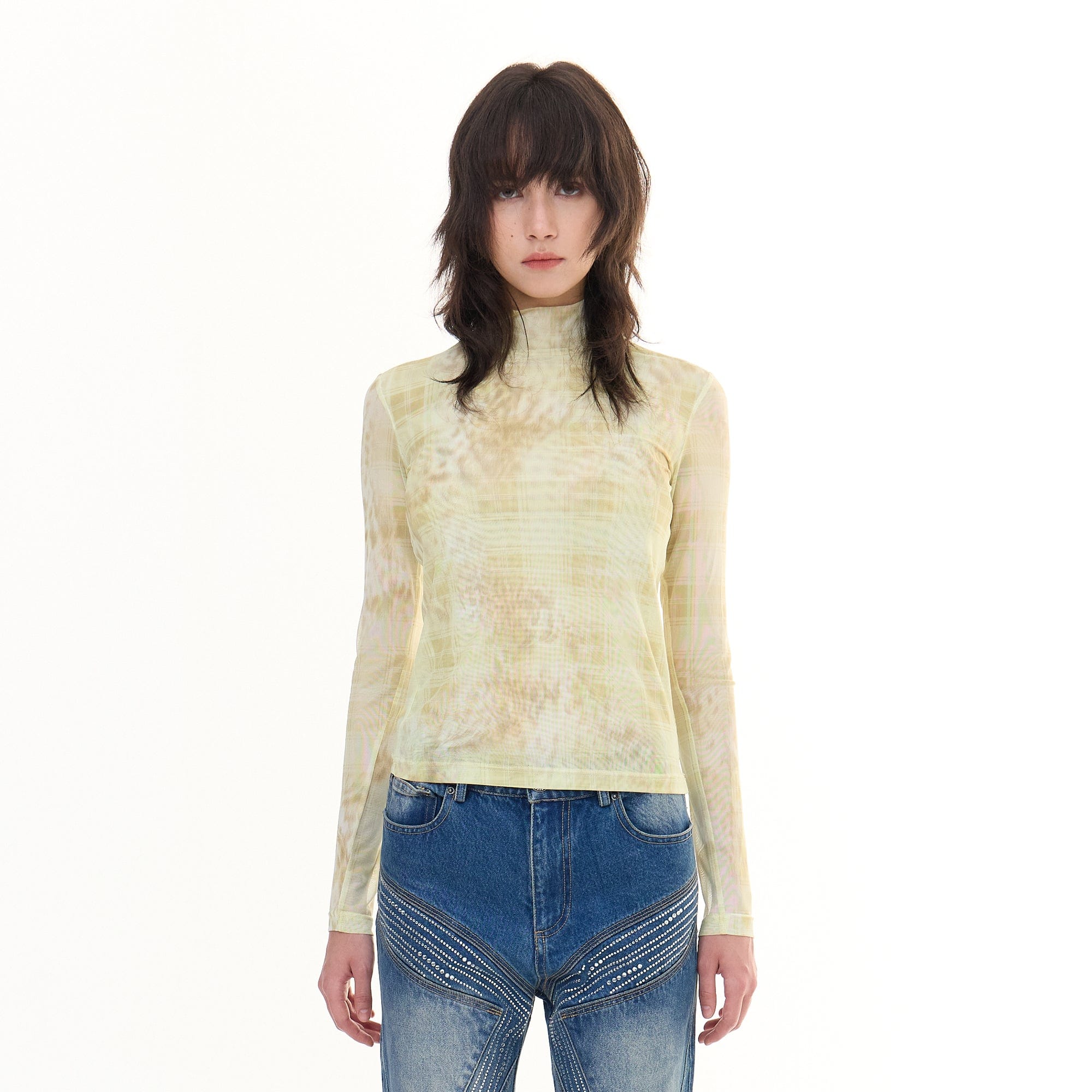 FAYCHUI Leopard Plaid Sheer Mesh Long Sleeve Tee