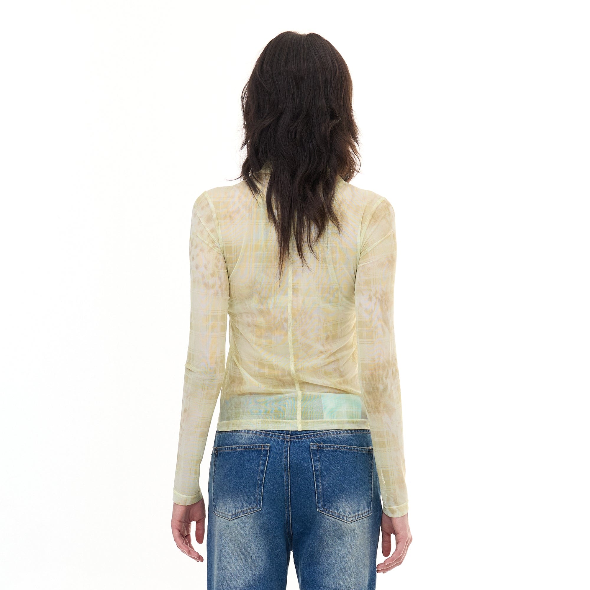 FAYCHUI Leopard Plaid Sheer Mesh Long Sleeve Tee