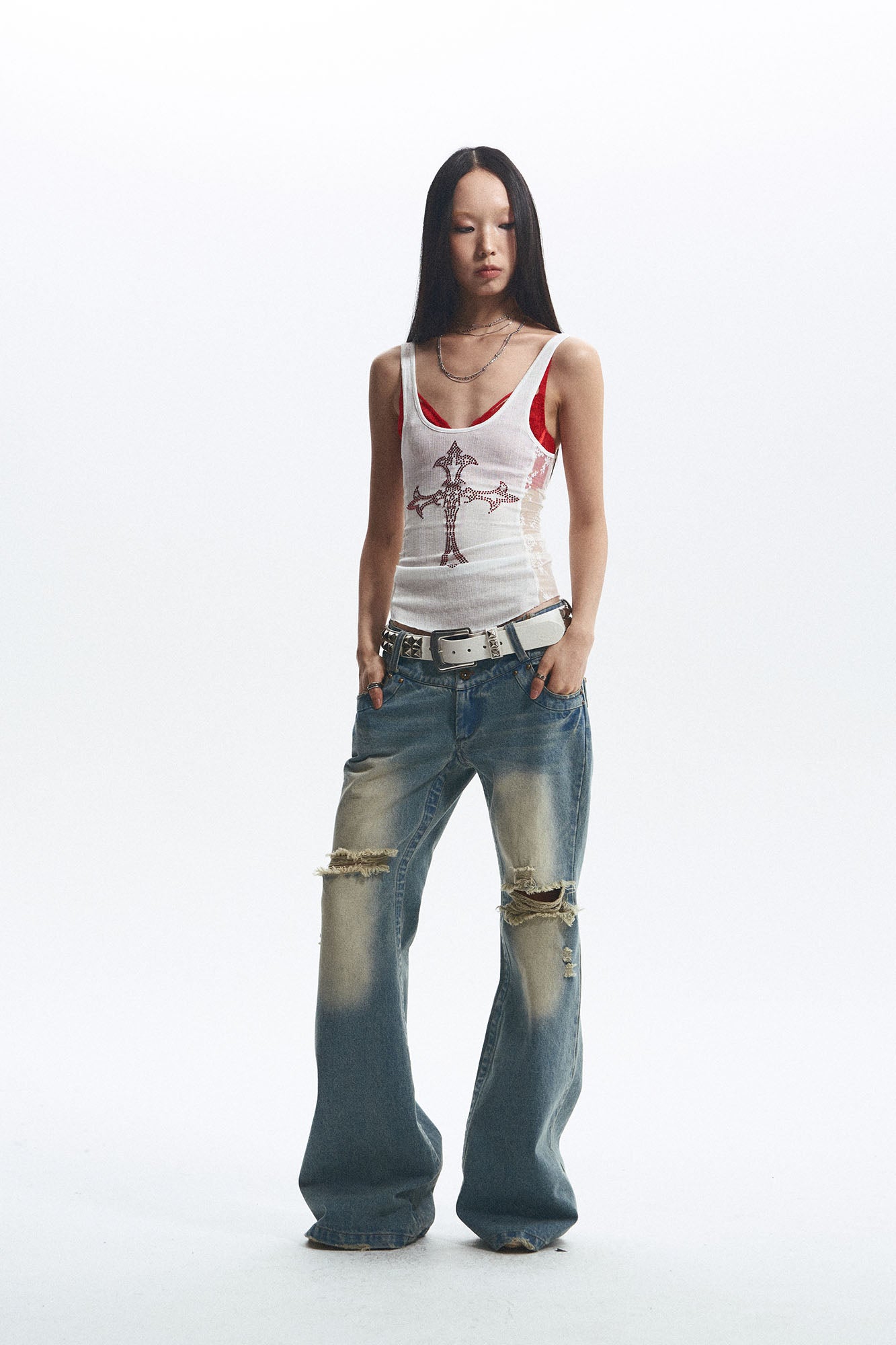 NONAME SPACE Ripped Washed Flared Jeans
