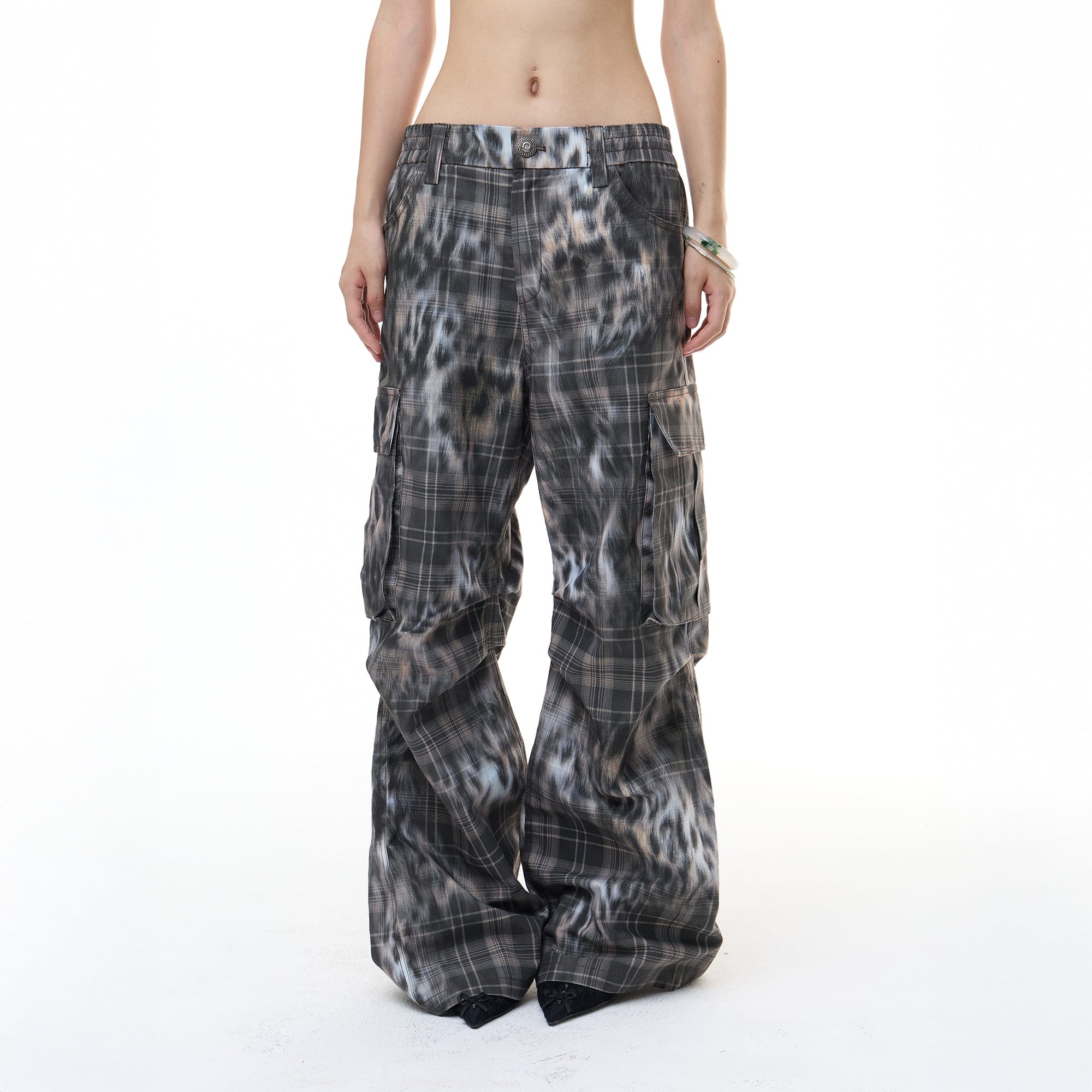 FAYCHUI Multi-Pocket Leopard Plaid Utility Pants