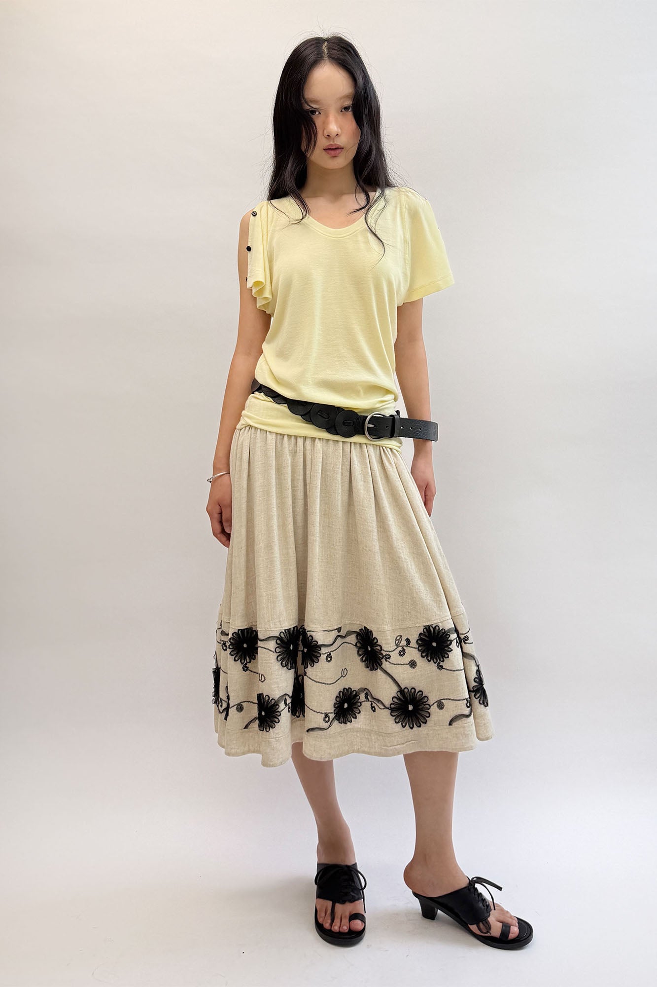 NEVERSEEZ Embroidered Floral Cotton-Linen Midi Skirt