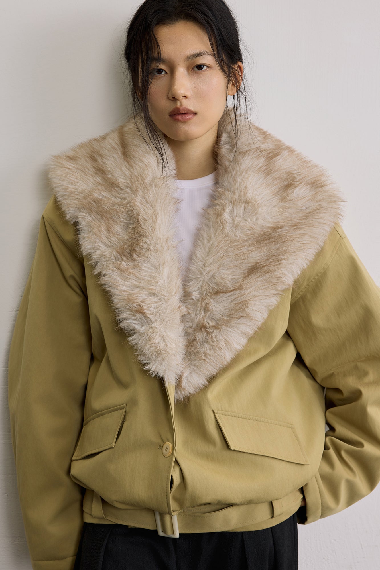 SAME FLOW Faux Fur Collar Belted Padded Jacket