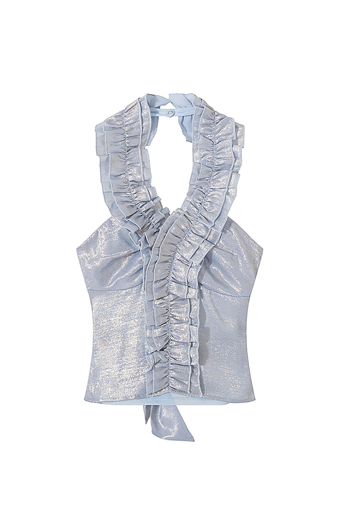 AE30 SAINT Metallic Ruffle Halter Tie-Back Top