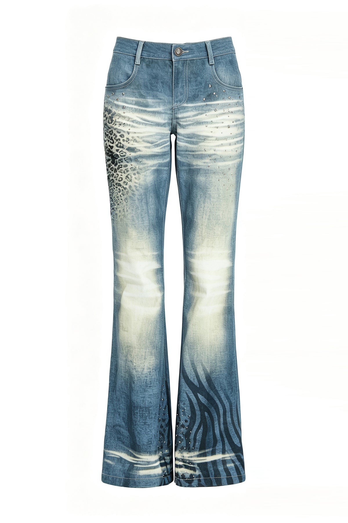 FAYCHUI Washed Leopard-Print Distressed Slim Flared Jeans