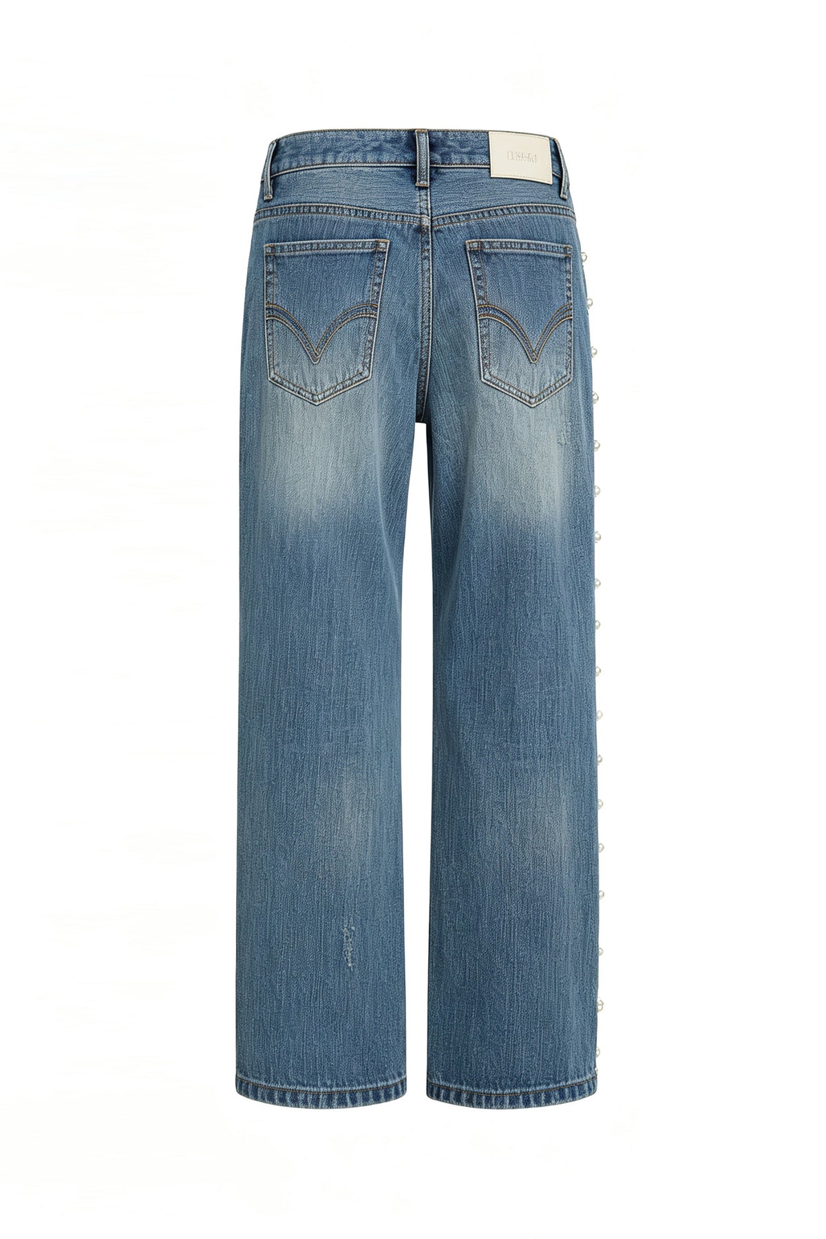 FAYCHUI Washed Floral Pearl Low-Rise Flared Jeans