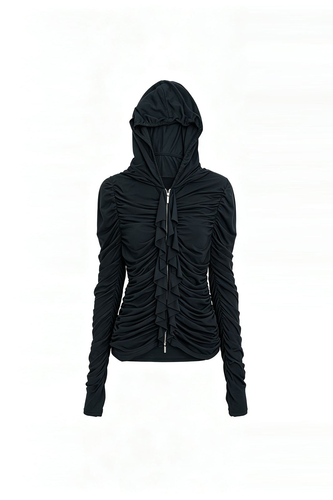 FAYCHUI Ruched Ruffle-Front Zip-Up Hoodie