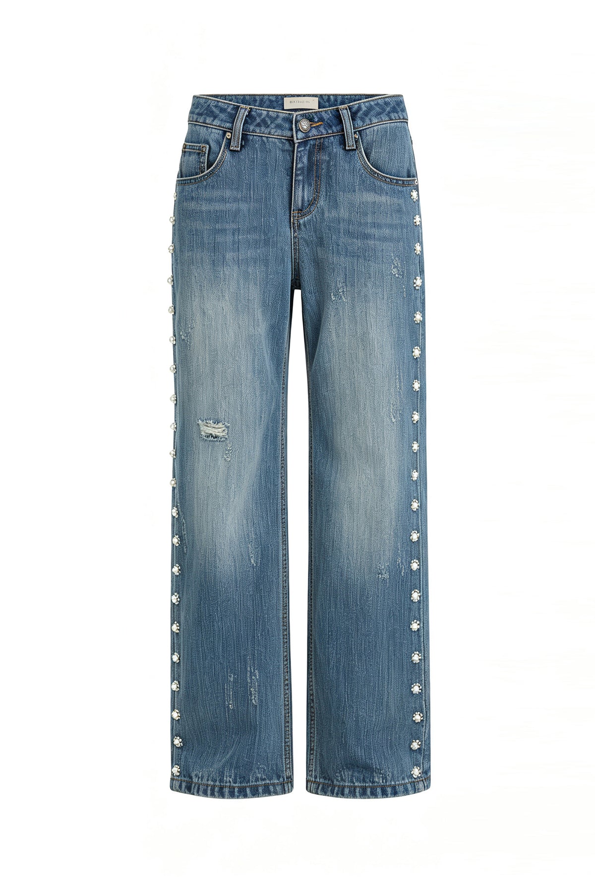 FAYCHUI Washed Floral Pearl Low-Rise Flared Jeans