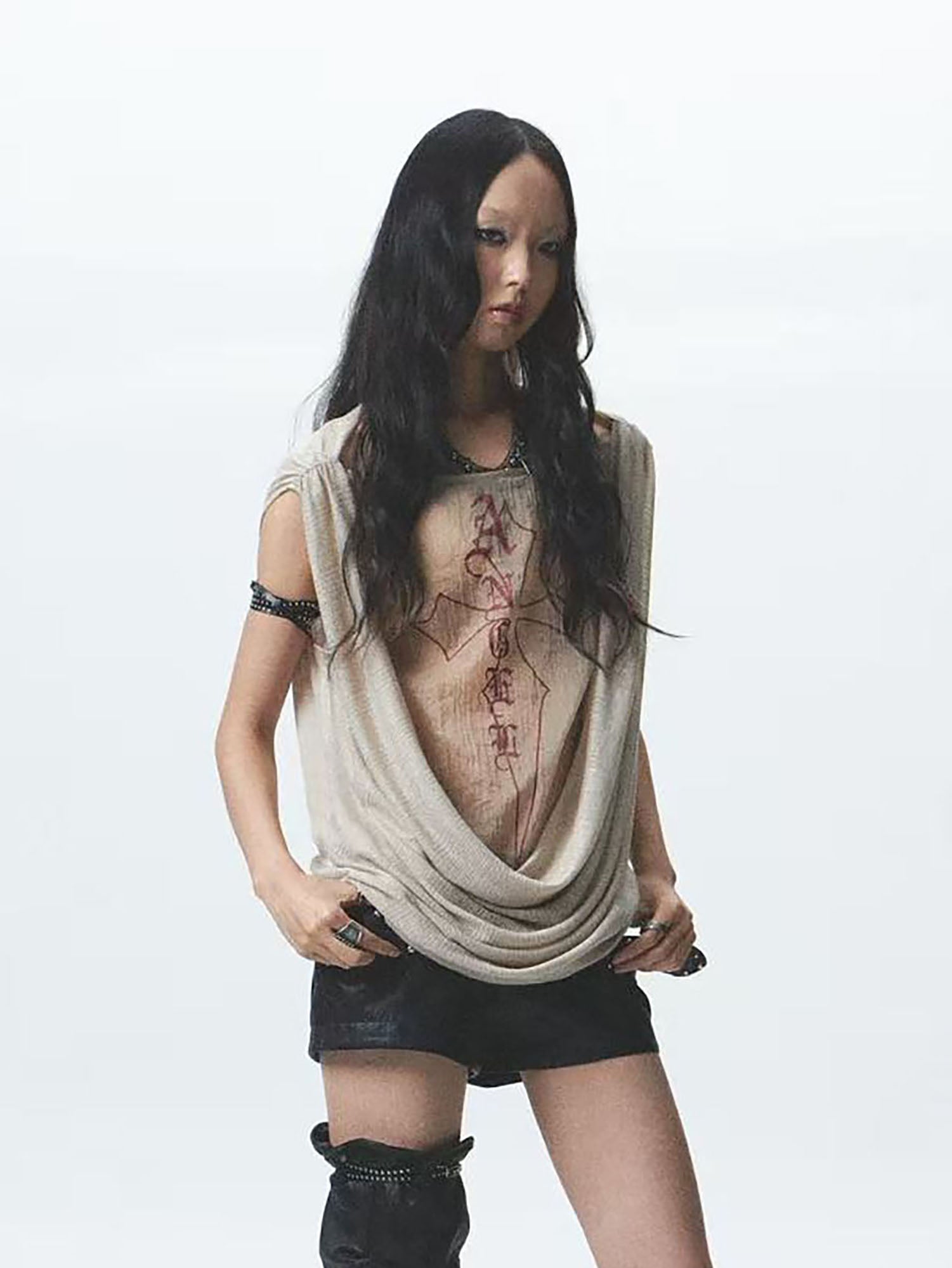 NONAME SPACE Draped Mesh Cross Graphic Top