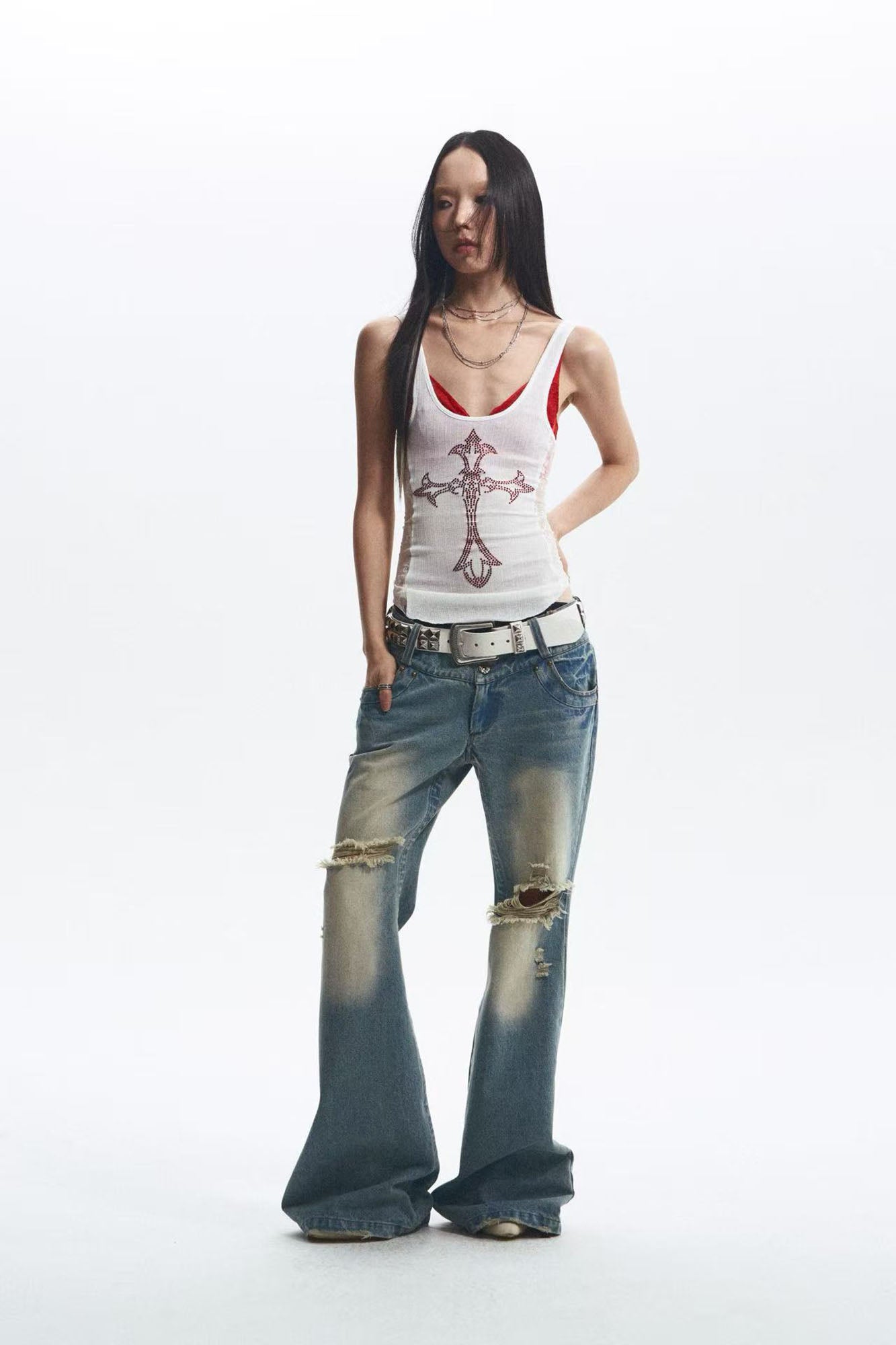 NONAME SPACE Diamond Cross Lace Panel Tank Top