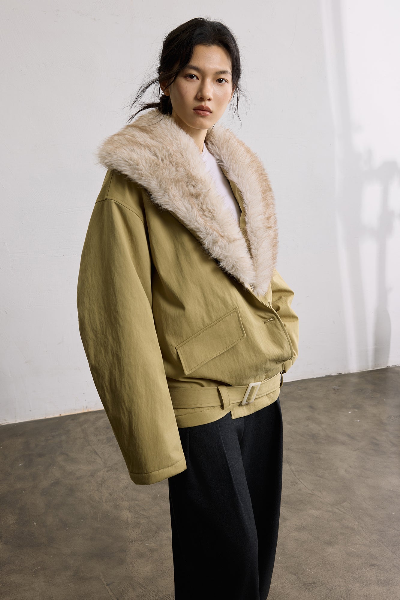 SAME FLOW Faux Fur Collar Belted Padded Jacket