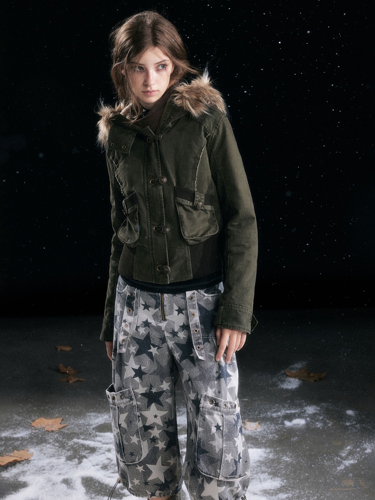 CESTNOUS Washed Military Faux-Fur Hooded Padded Jacket