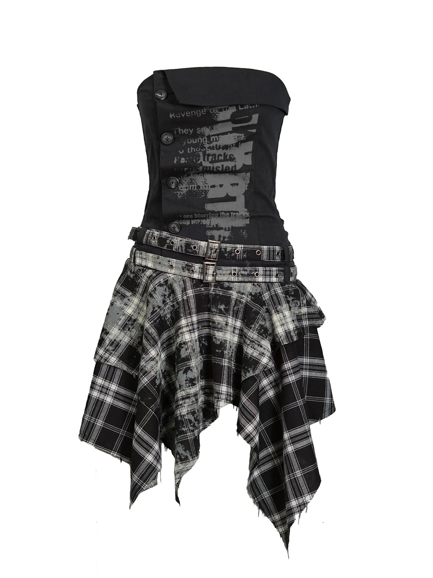 CESTNOUS Plaid Panel Graffiti Ruched Tube Dress