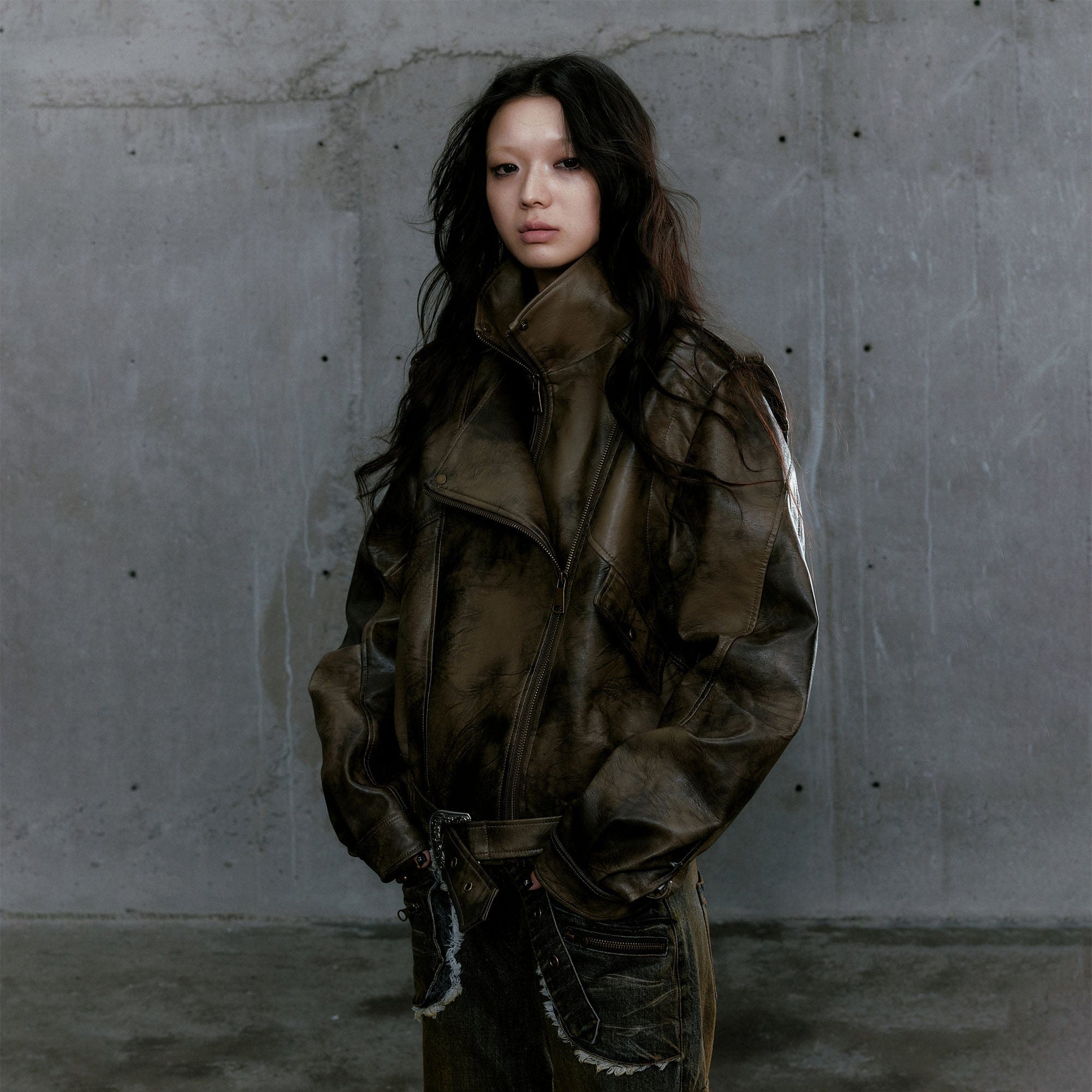 CESTNOUS Distressed Dual-Zip Faux Leather Biker Jacket