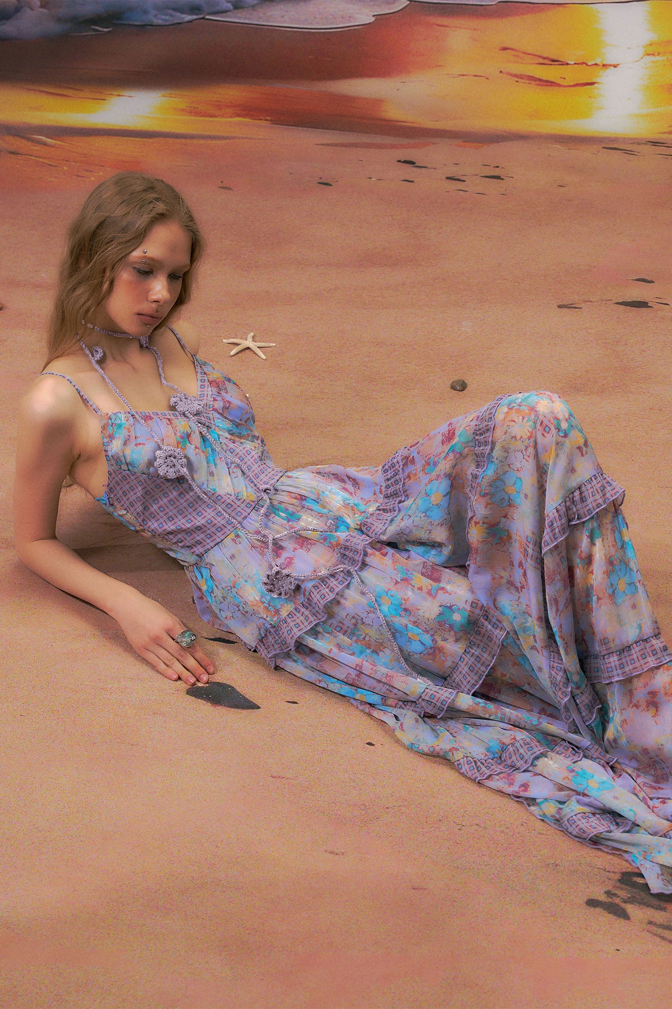 THE NEVERMORE Floral Plaid-Trim Tiered Maxi Dress