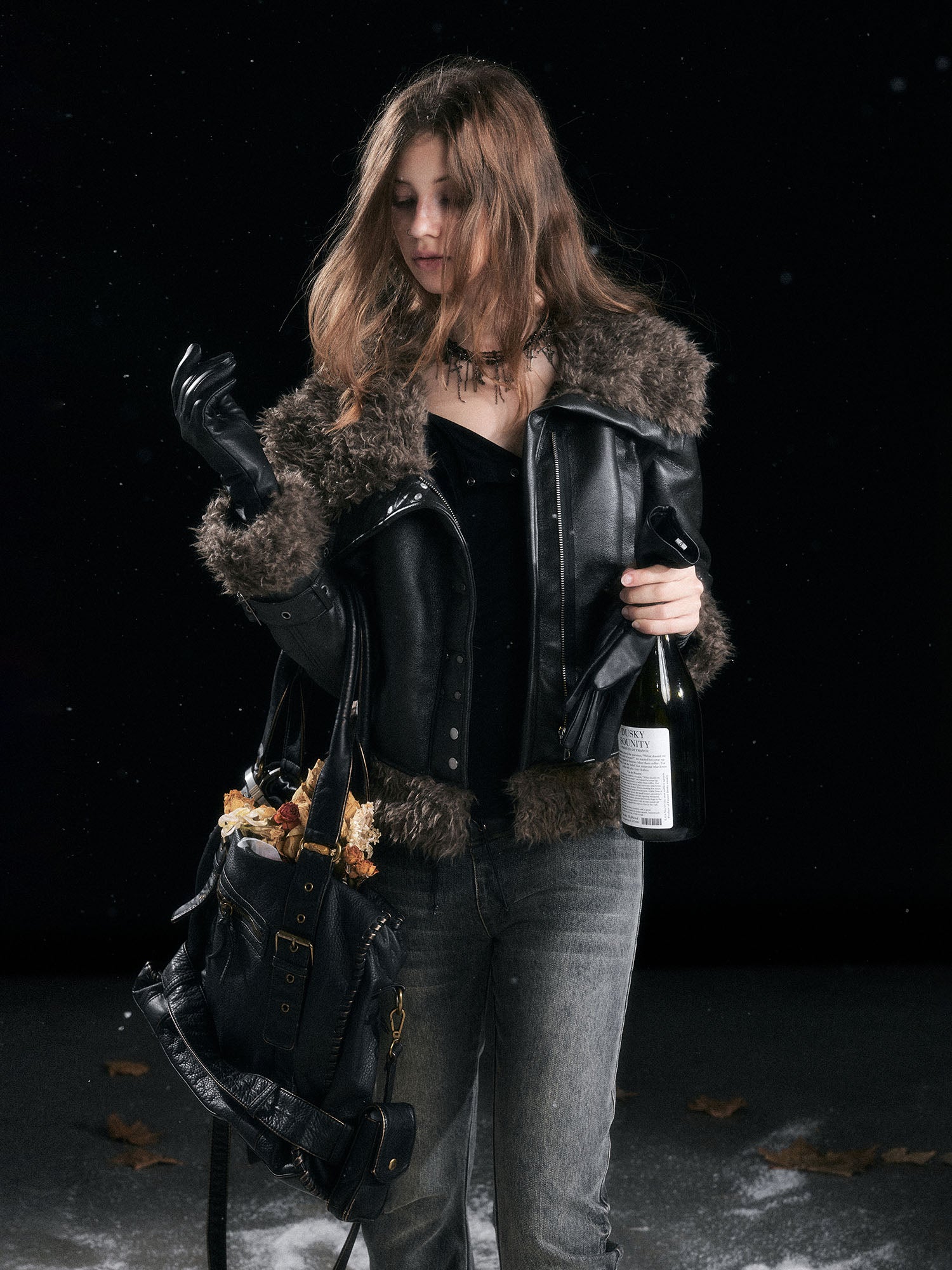 CESTNOUS Faux-Shearling Trim Faux Leather Jacket