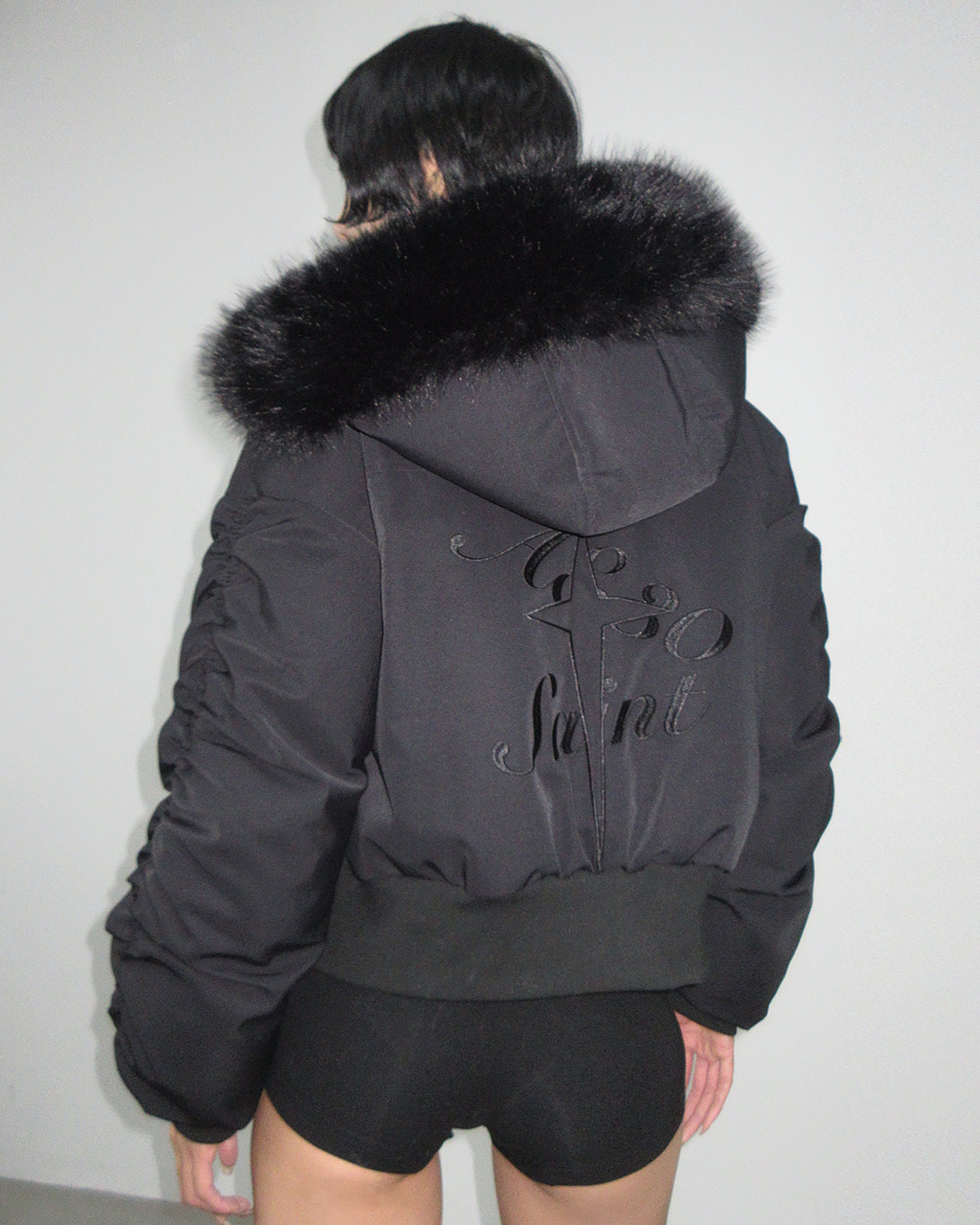 AE30 SAINT Detachable Trim Embroidery Ruched-Sleeve Down Jacket