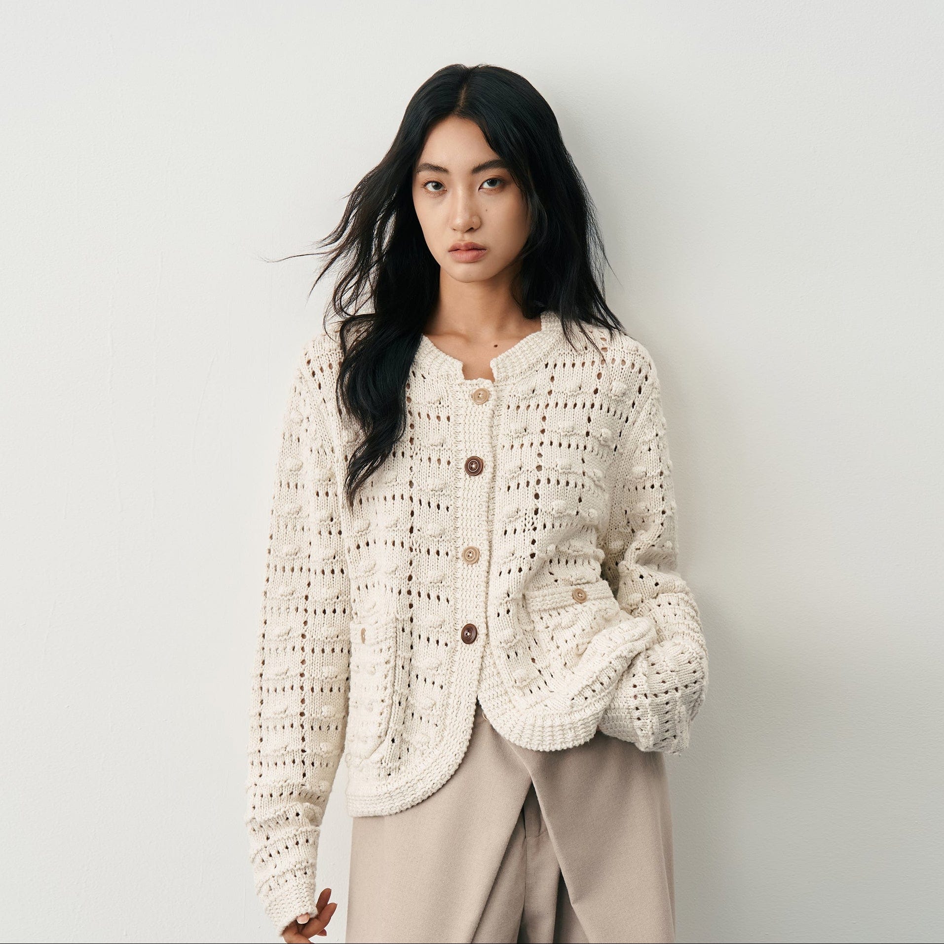 SAME FLOW Hollow Woven Bubble Knit Cardigan