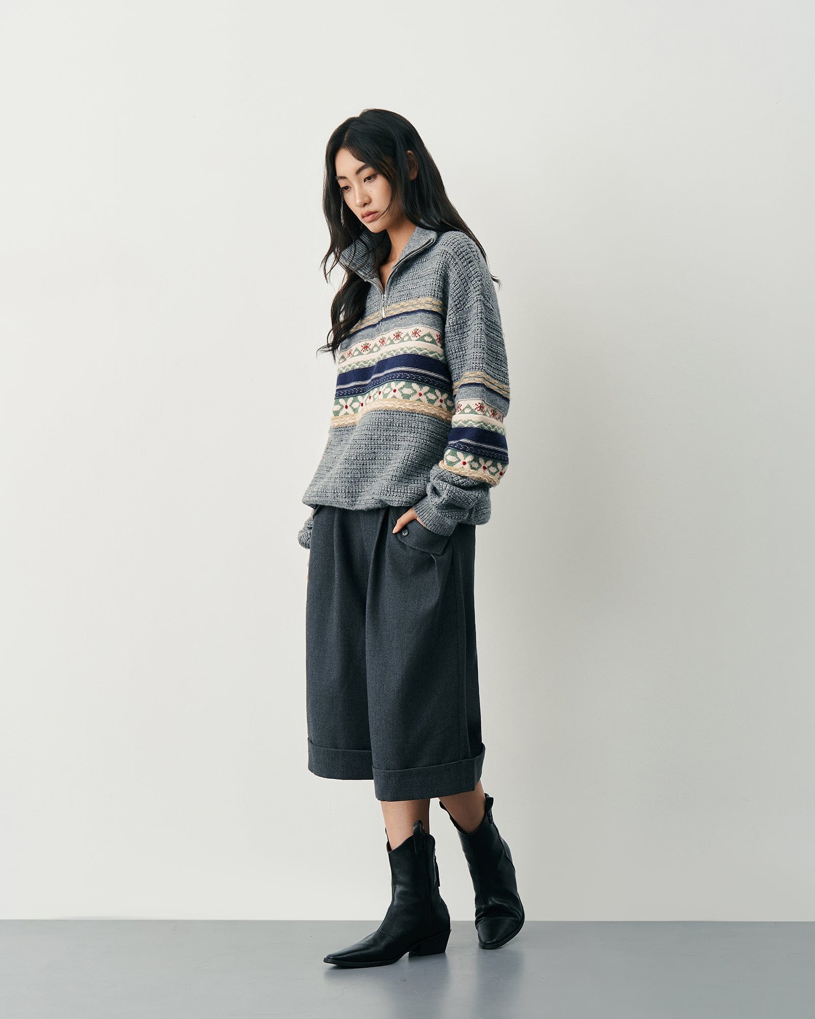 SAME FLOW Fair Isle Half-Zip Oversized Sweater