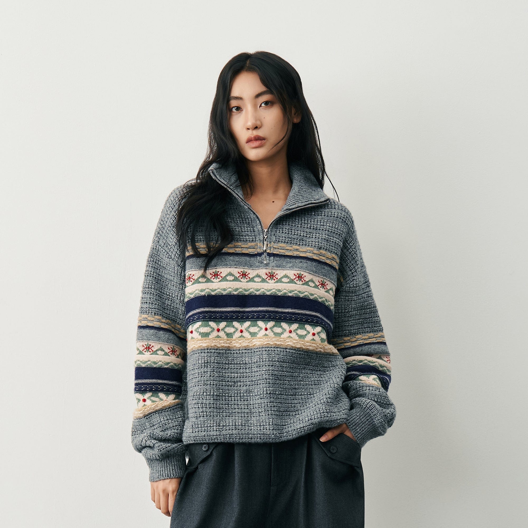 SAME FLOW Fair Isle Half-Zip Oversized Sweater