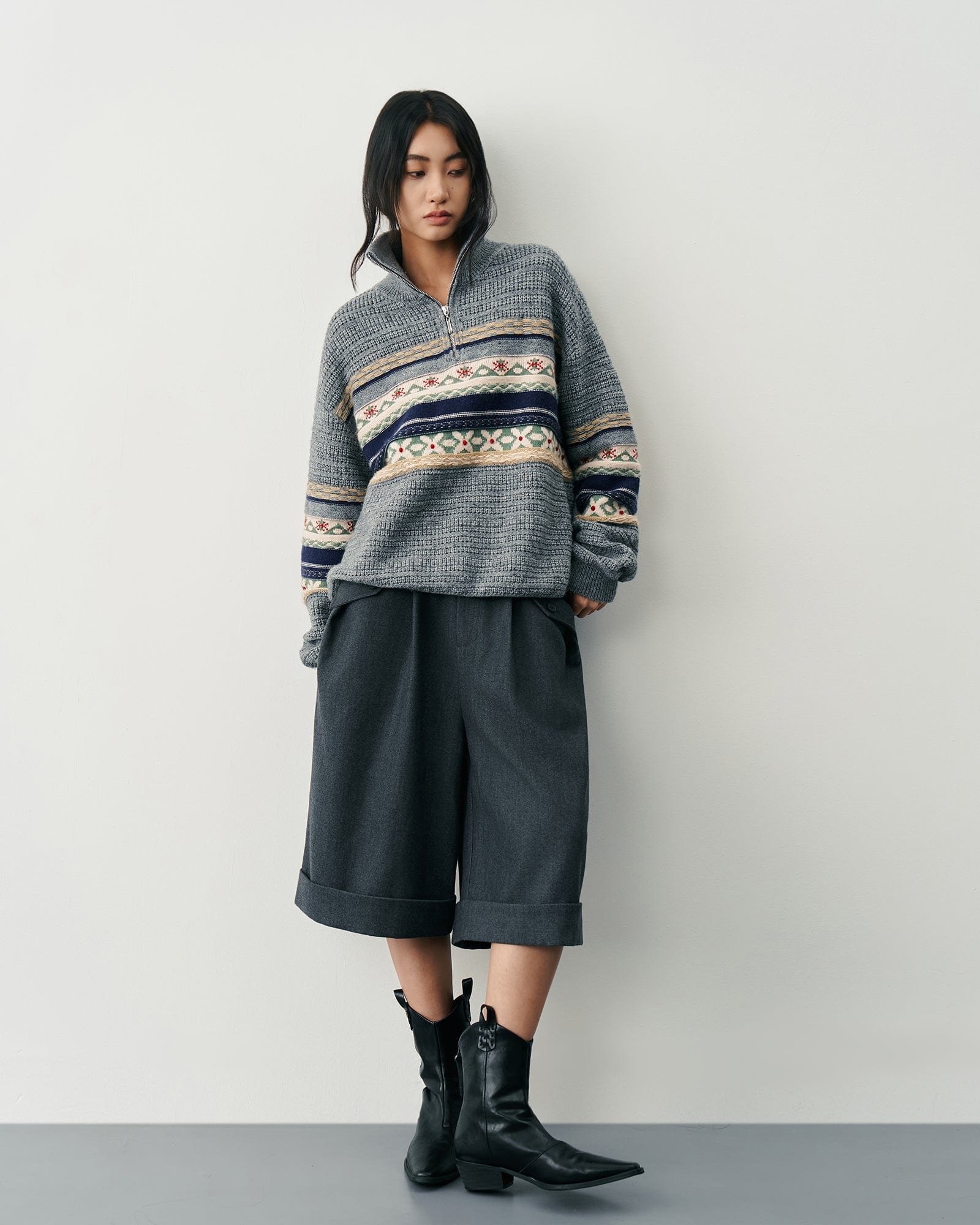 SAME FLOW Fair Isle Half-Zip Oversized Sweater
