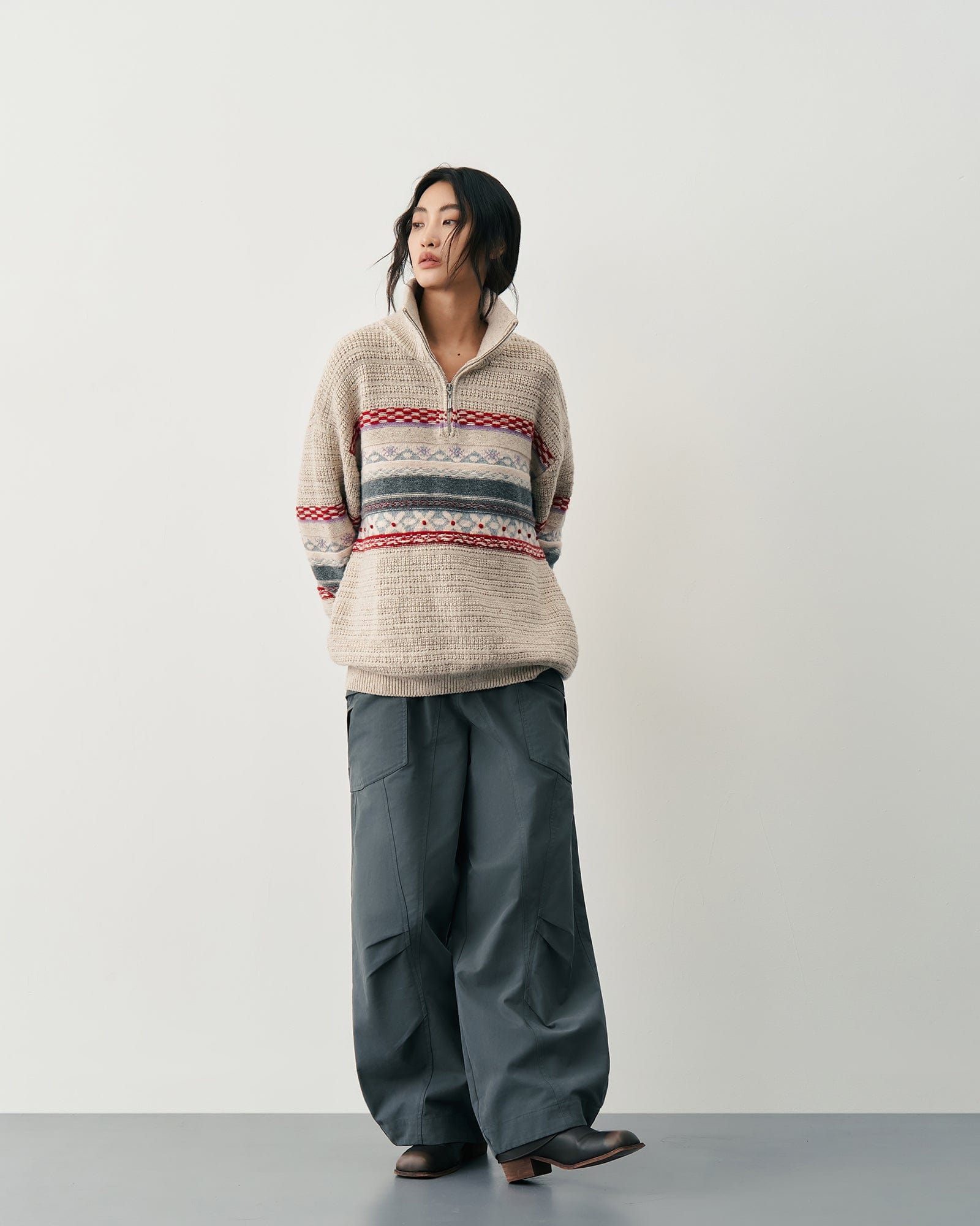 SAME FLOW Fair Isle Half-Zip Oversized Sweater