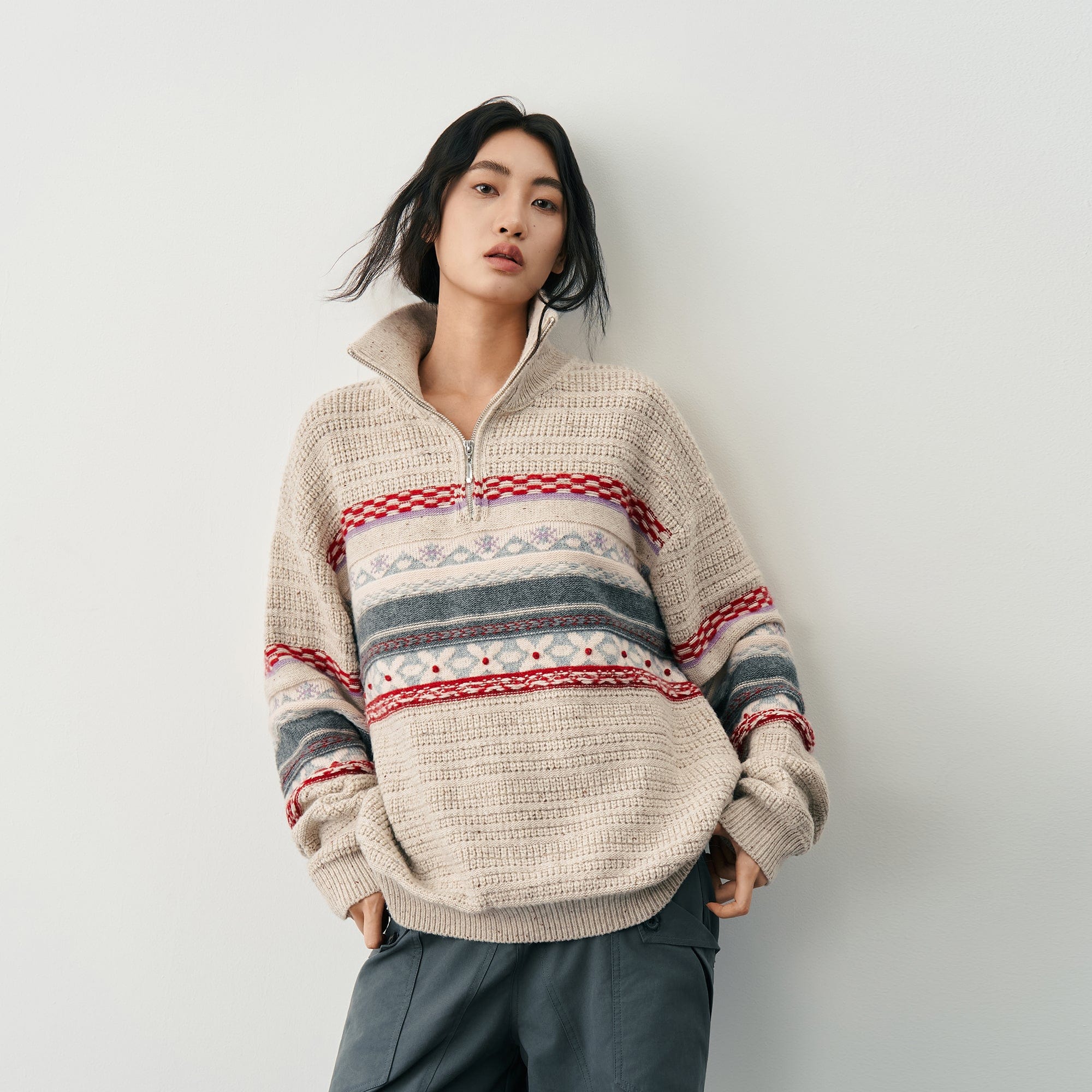 SAME FLOW Fair Isle Half-Zip Oversized Sweater