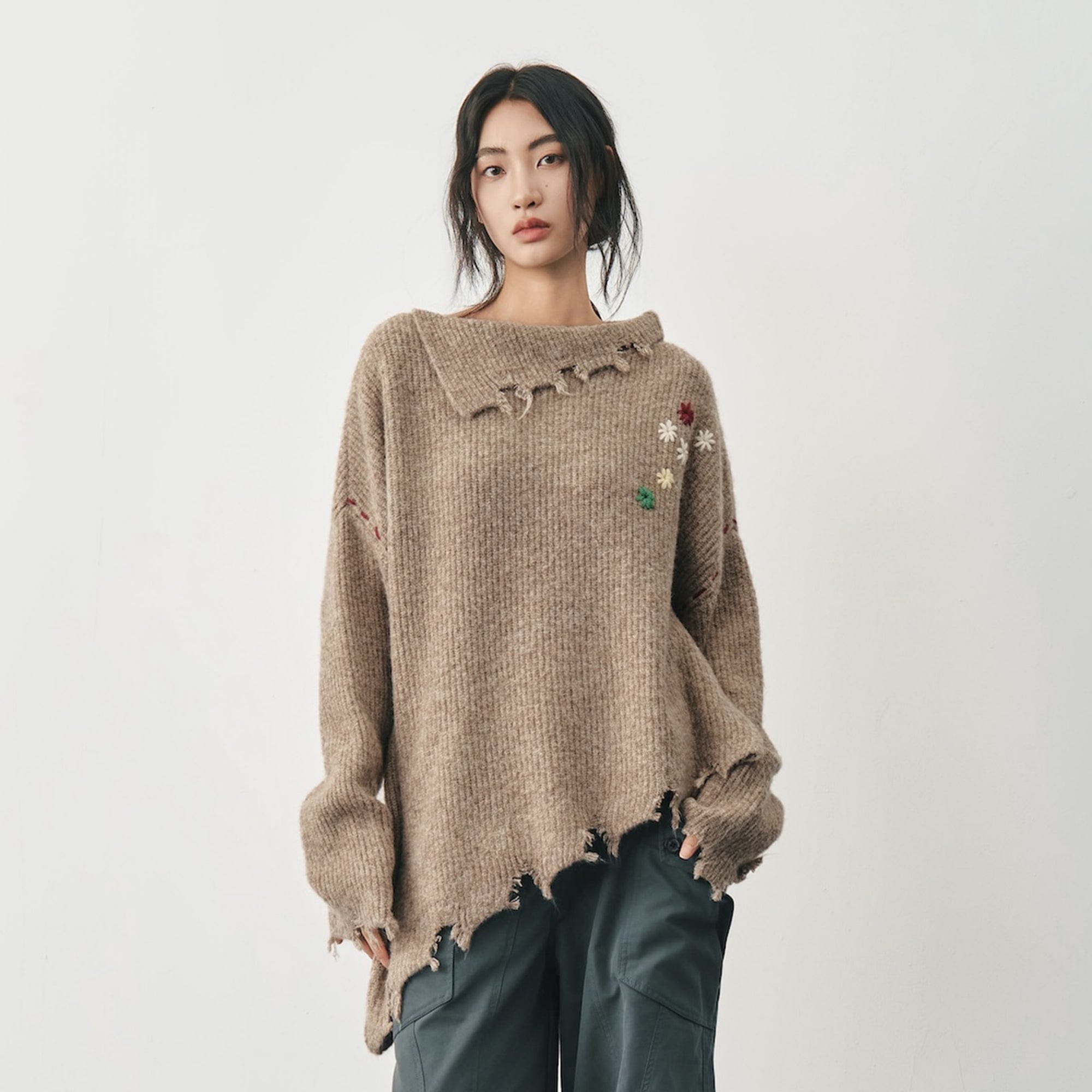 SAME FLOW Distressed Floral Embroidered Sweater
