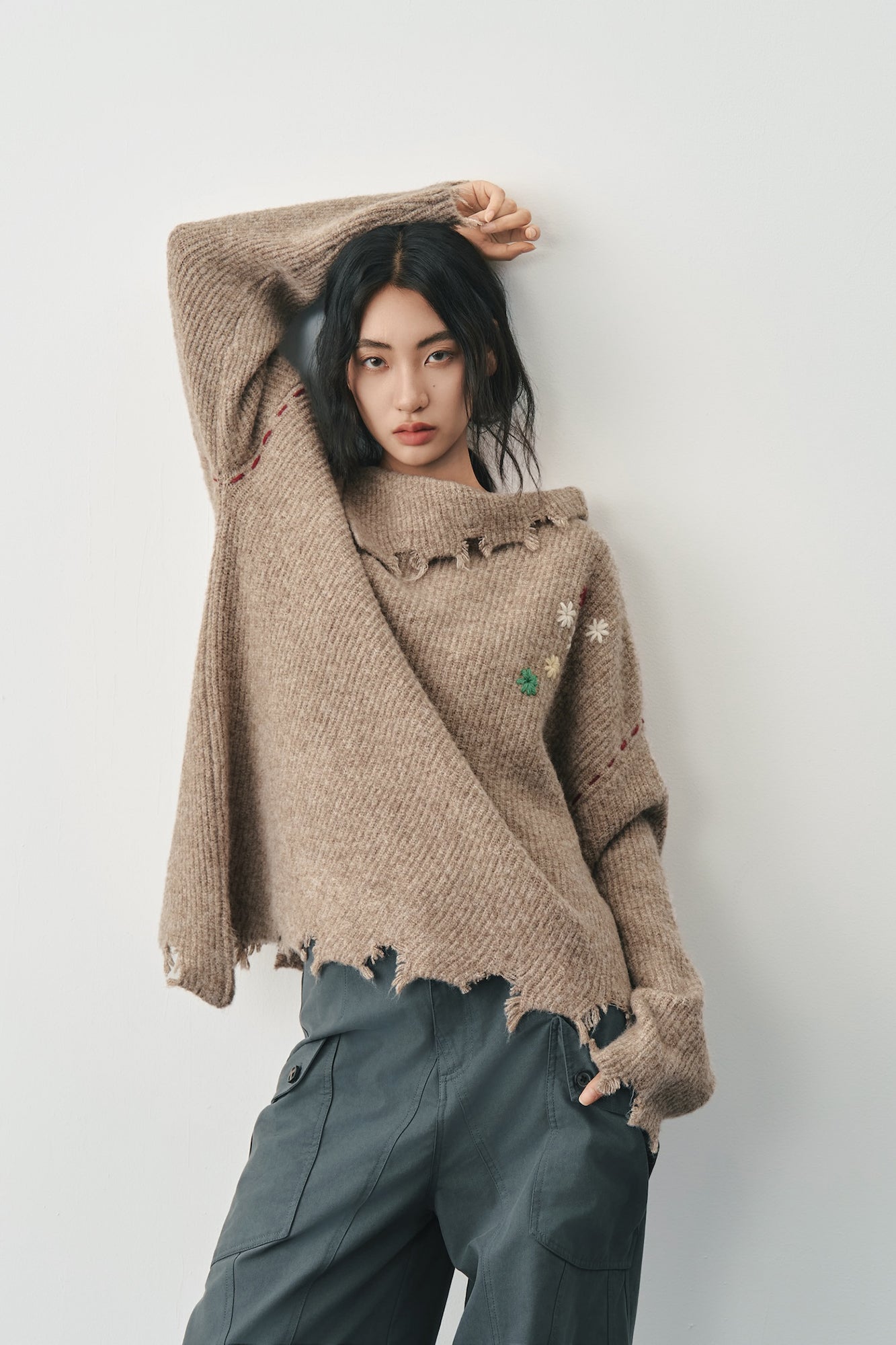 SAME FLOW Distressed Floral Embroidered Sweater